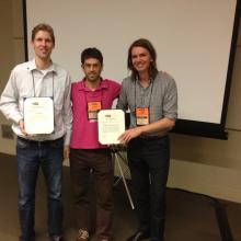 Ton Dieker (L), Assaf Zeevi, chair of the Applied Probability Awards Committee (center), Johan van Leeuwaarden, co-recipient (R)